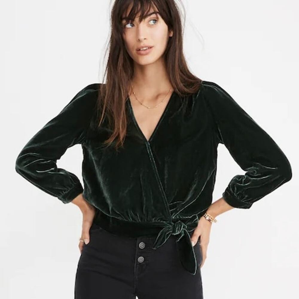 Madewell Velvet Wrap Top Womens size XXS Smoky Spruce Green
